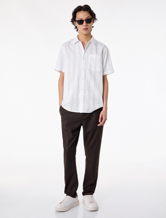  Regular Fit Kısa Kollu Dokulu Klasik Yaka Gömlek