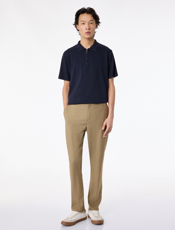  Regular Fit Viskon Yarım Fermuarlı Kısa Kollu Triko Tişört