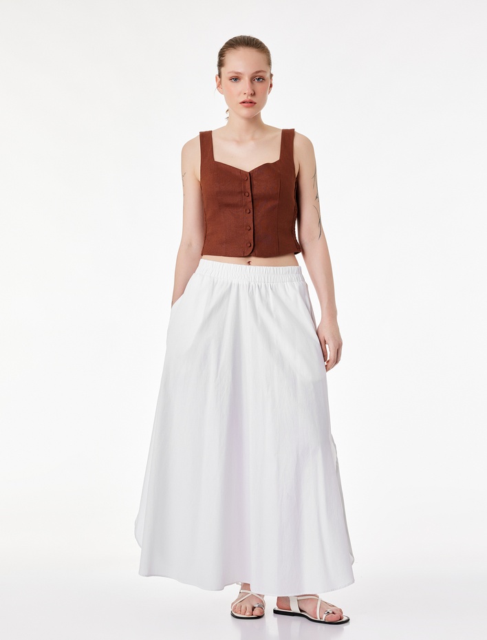  Slim Fit Kalın Askılı Yanları Gipe Detaylı Düğmeli Crop Keten Yelek