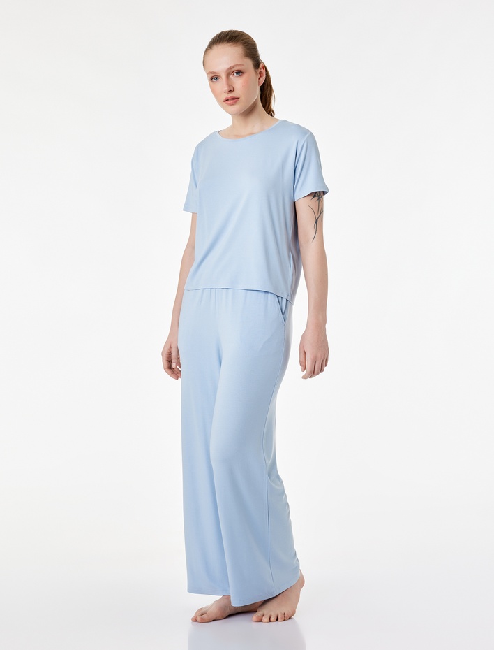  Kısa Kollu Bisiklet Yaka Viskon Basic Pijama üstü