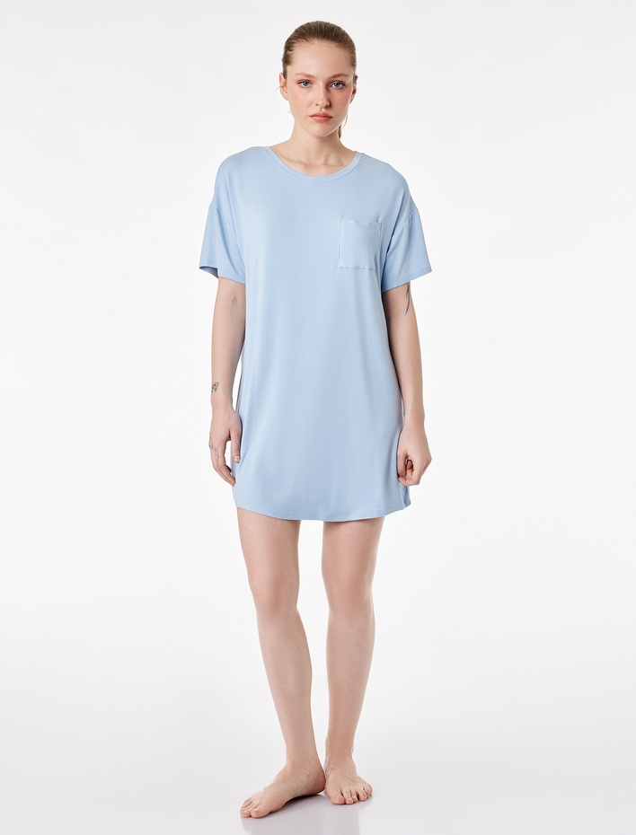  Cepli Bisiklet Yaka Kısa Kollu Viskon Gecelik