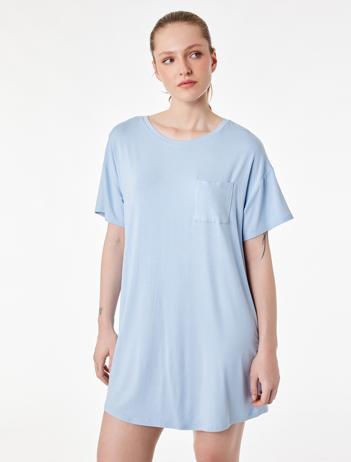  Cepli Bisiklet Yaka Kısa Kollu Viskon Gecelik