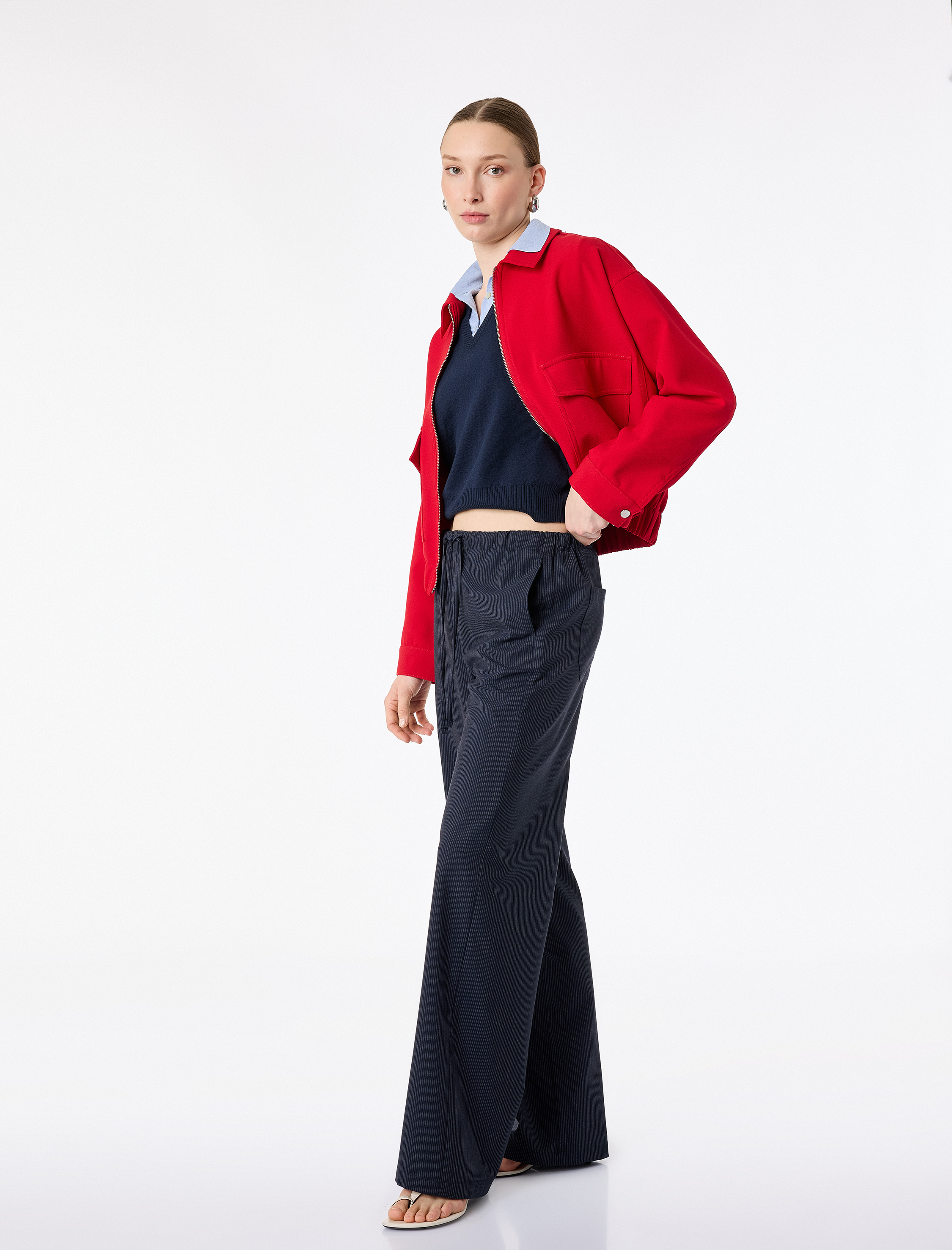   Beli Bağlamalı Lastikli Straight Fit Düz Bol Paça Pantolon