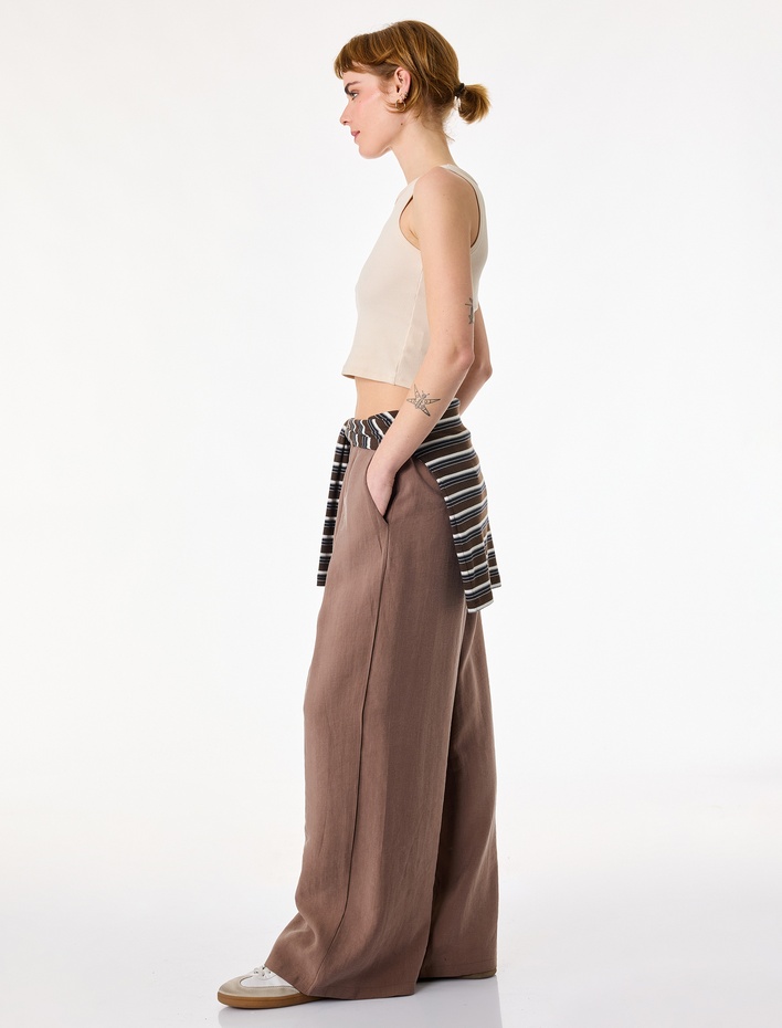  Beli Lastikli Cepli Rahat Kalıp Pileli Geniş Paça Pantolon