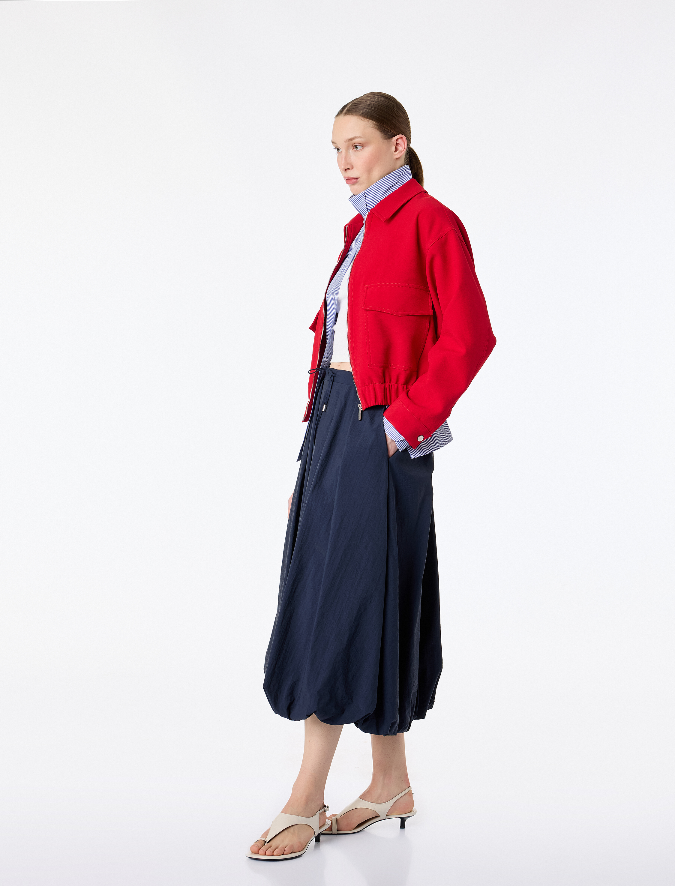   Loose Fit Beli Bağlamalı Cepli Paraşüt Kumaş Midi Balon Etek