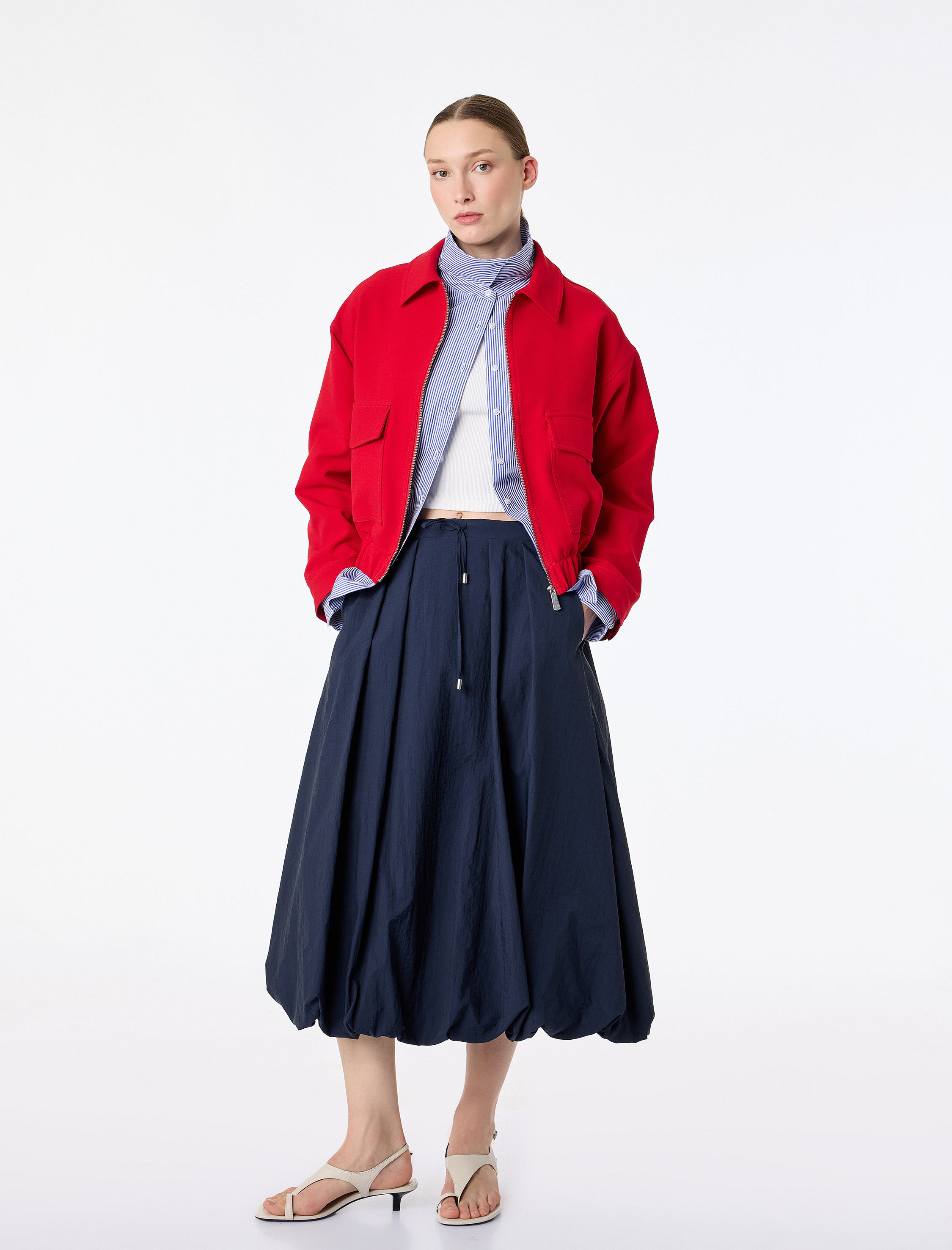   Loose Fit Beli Bağlamalı Cepli Paraşüt Kumaş Midi Balon Etek