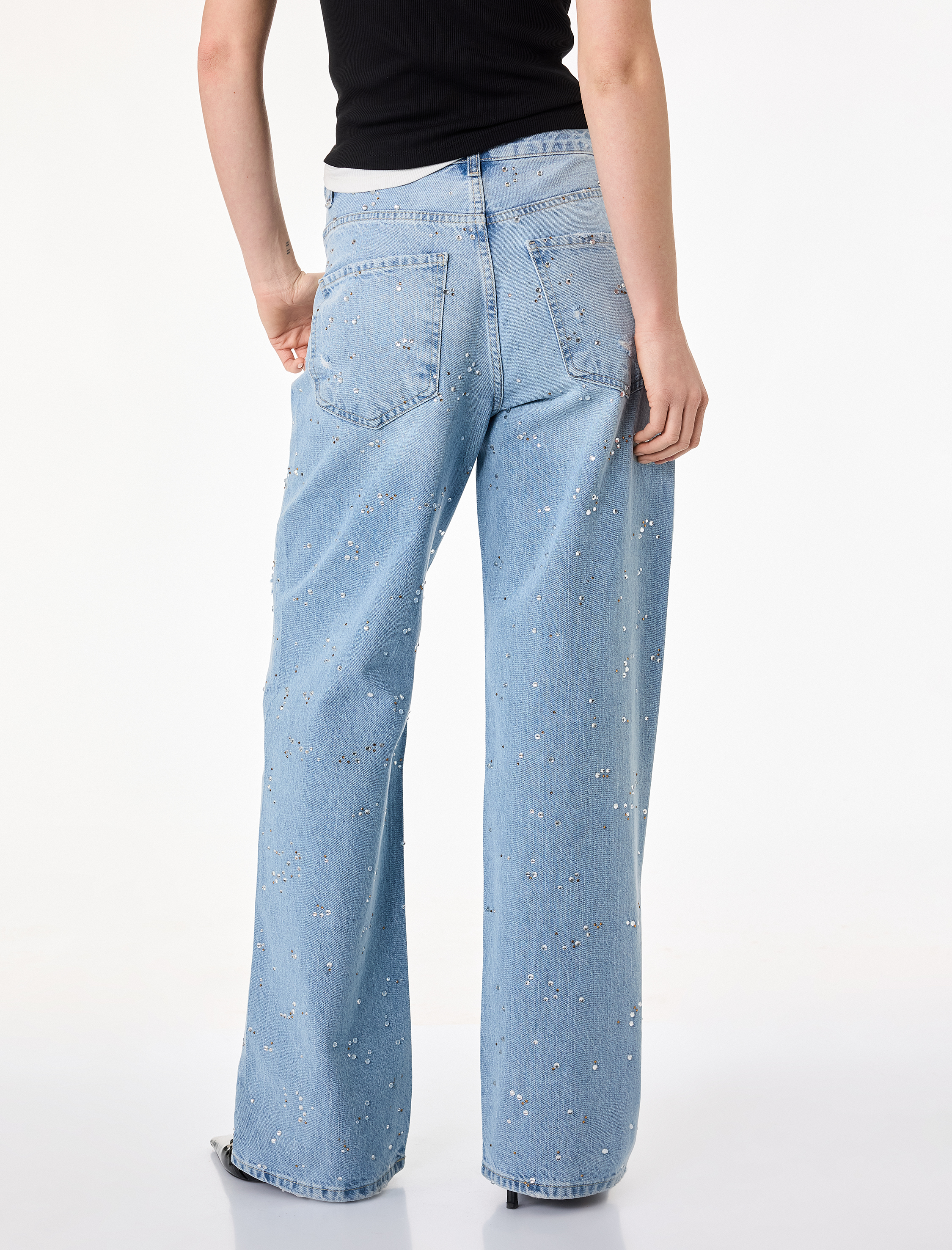   Rahat Kalıp Düğmeli Cepli Taşlı Denim Pantolon - Baggy Jeans