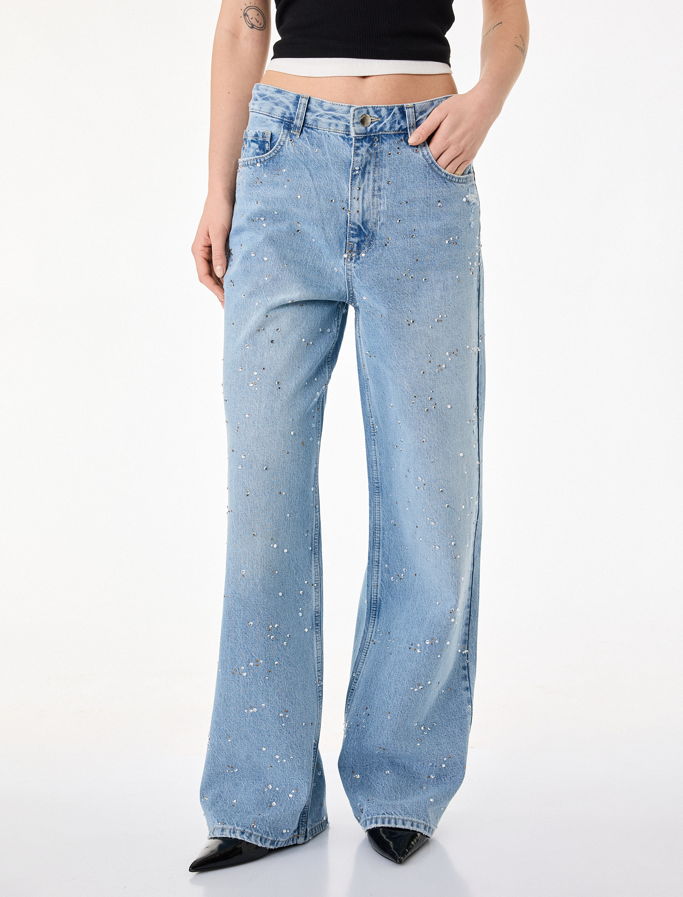   Rahat Kalıp Düğmeli Cepli Taşlı Denim Pantolon - Baggy Jeans