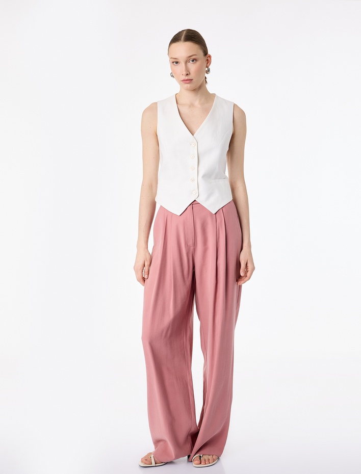  Kupro Kumaş Pile Detaylı Cepli Uzun Palazzo Pantolon