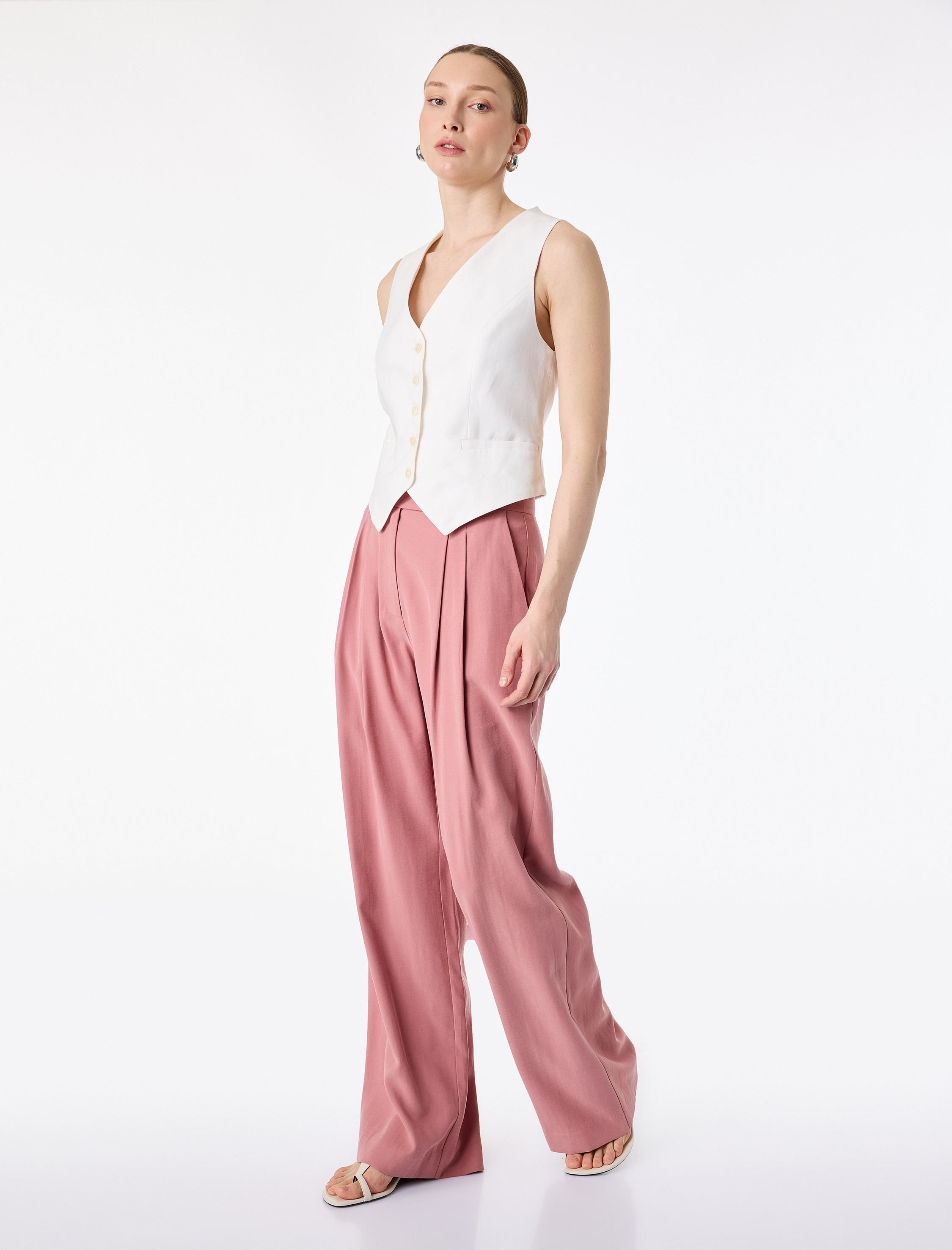   Kupro Kumaş Pile Detaylı Cepli Uzun Palazzo Pantolon