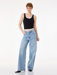 Rahat Kalıp Düğmeli Cepli Taşlı Denim Pantolon - Baggy Jeans