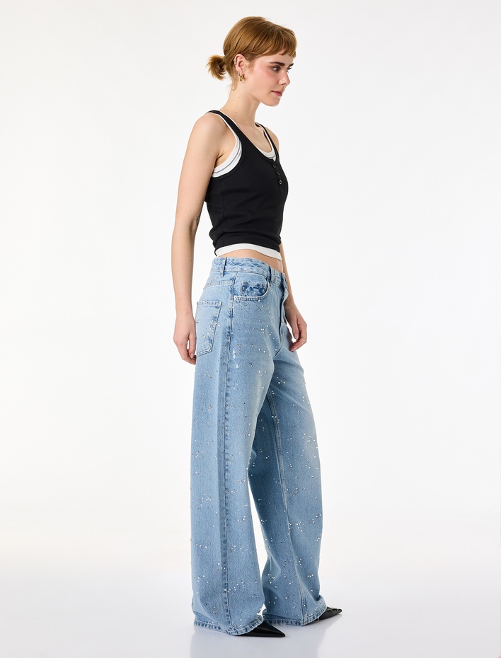  Rahat Kalıp Düğmeli Cepli Taşlı Denim Pantolon - Baggy Jeans