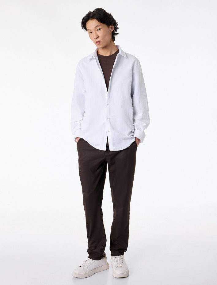  Regular Fit Klasik Yaka Düğmeli Dokulu Uzun Kollu Gömlek