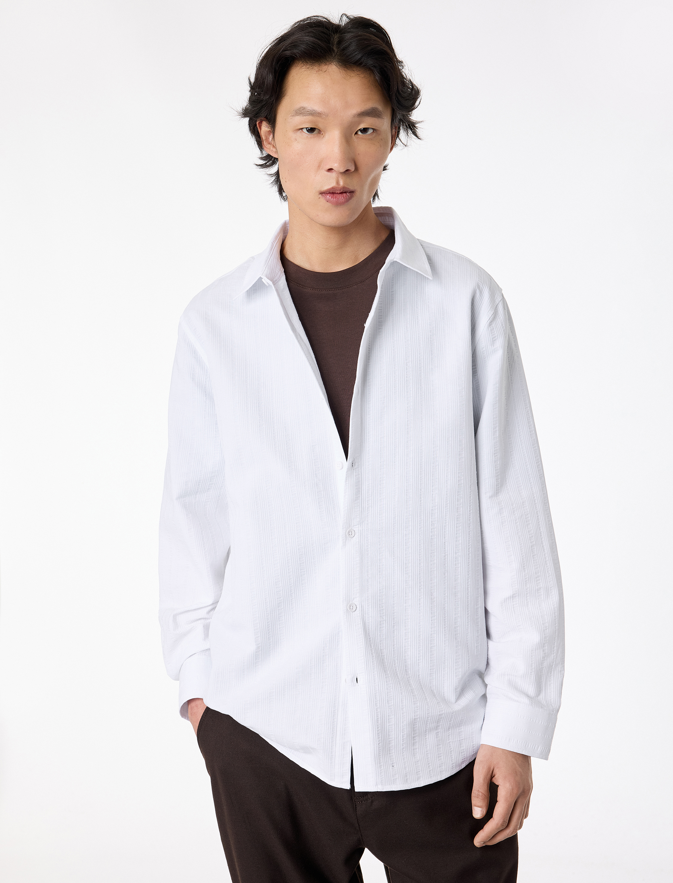   Regular Fit Klasik Yaka Düğmeli Dokulu Uzun Kollu Gömlek