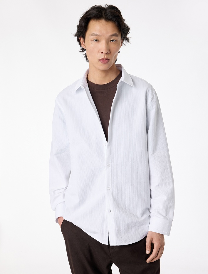  Regular Fit Klasik Yaka Düğmeli Dokulu Uzun Kollu Gömlek