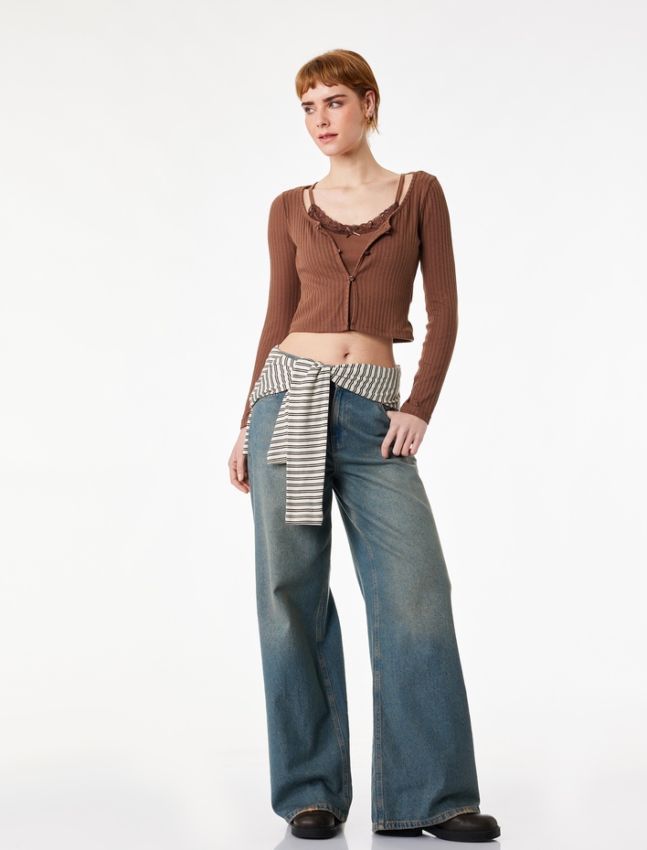  Slim Fit Uzun Kollu Düğmeli Atletli Bisiklet Yaka Kaşkorse Tişört