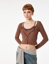 Slim Fit Uzun Kollu Düğmeli Atletli Bisiklet Yaka Kaşkorse Tişört