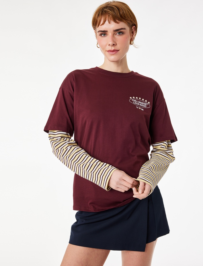  Rahat Kalıp Bisiklet Yaka Kısa Kollu Pamuklu Arkası Baskılı Tişört