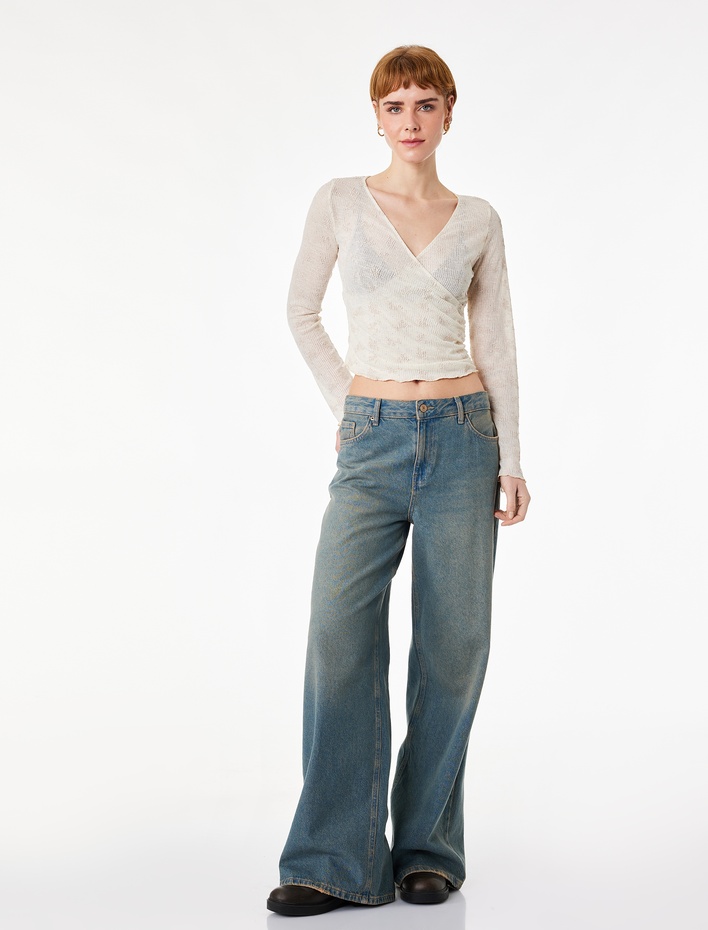  Çiçekli Kruvaze Yaka Slim Fit Uzun Kollu Tişört