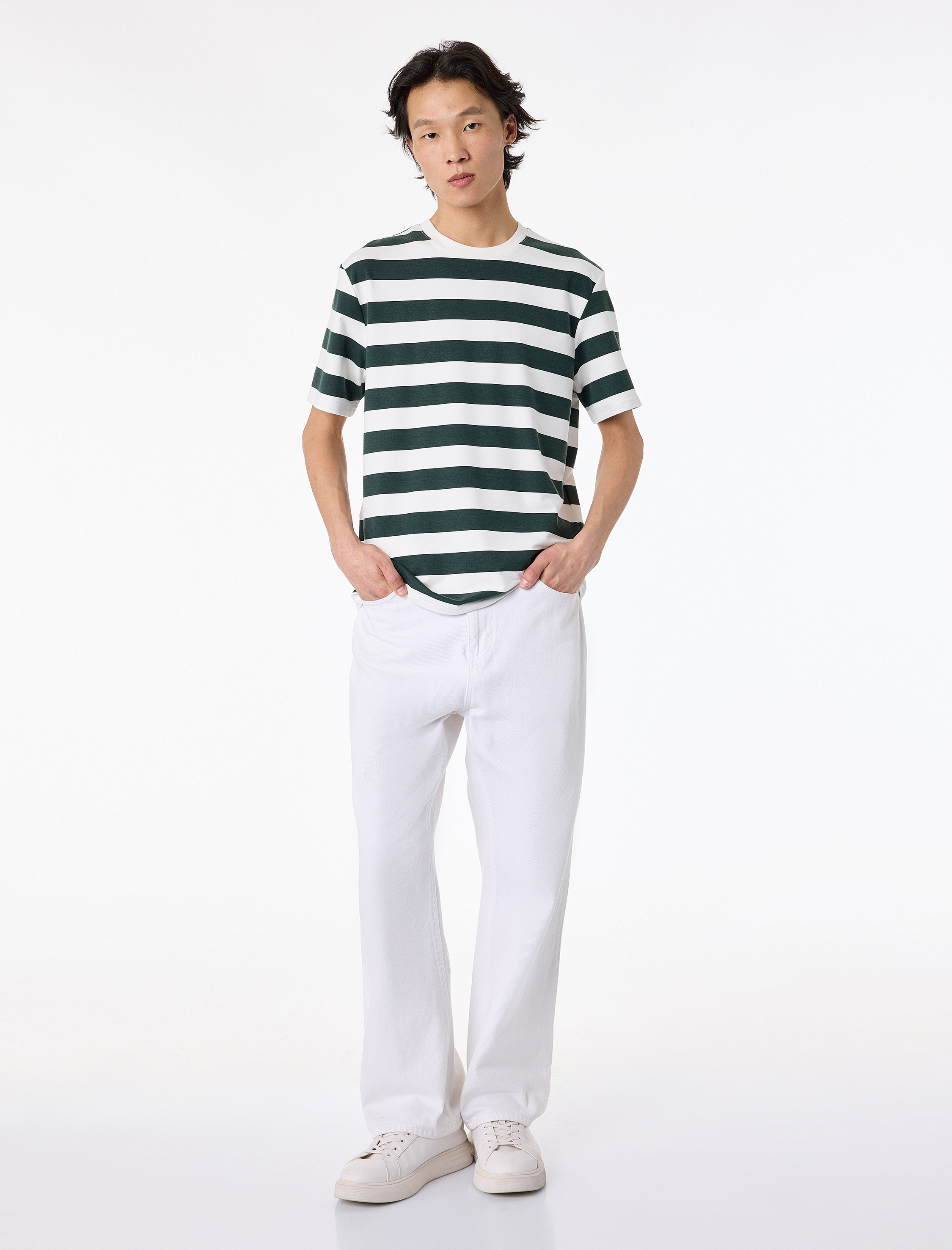   Regular Fit Viskon Karışımlı Kısa Kollu Bisiklet Yaka Çizgili Tişört