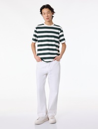 Regular Fit Viskon Karışımlı Kısa Kollu Bisiklet Yaka Çizgili Tişört