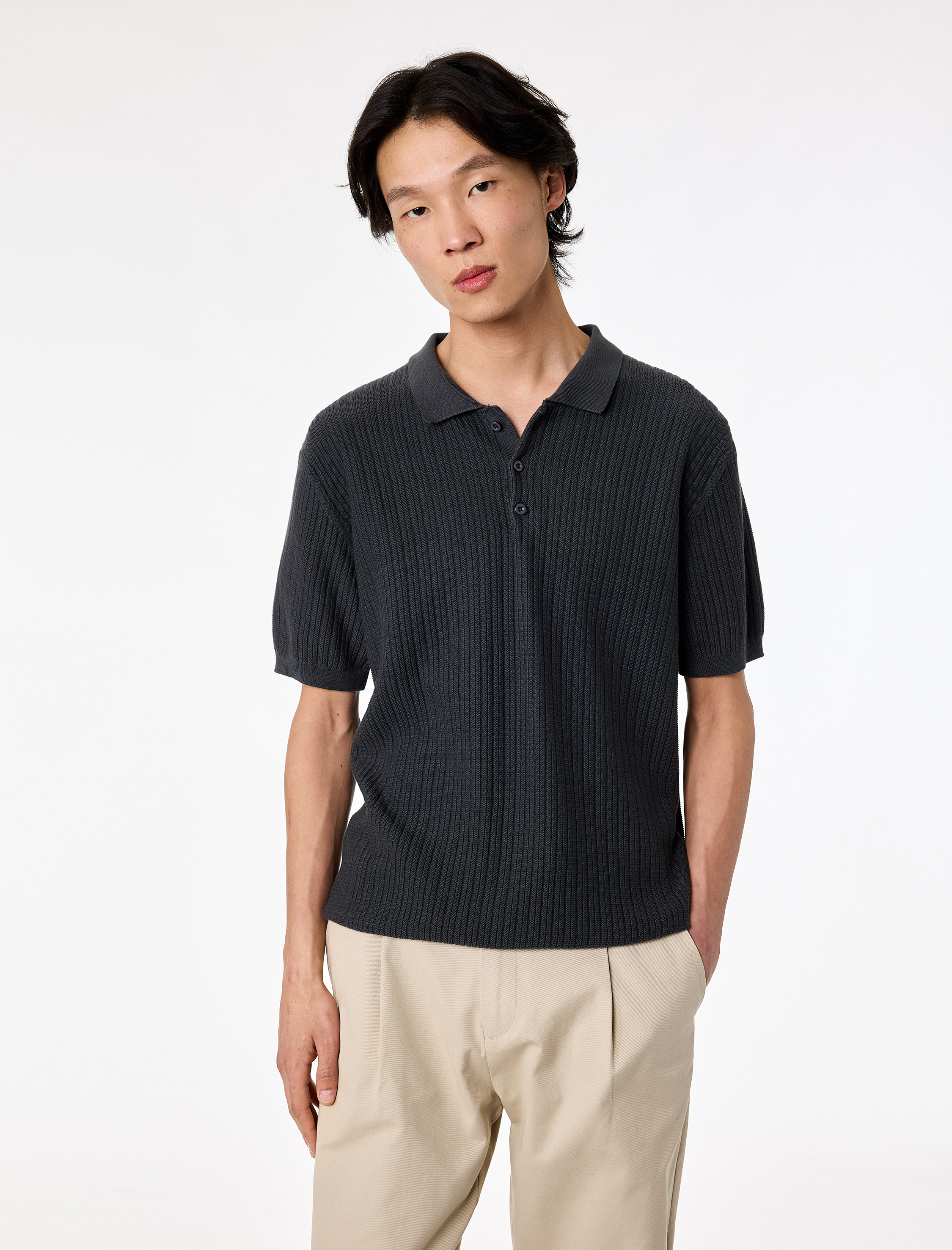   Regular Fit Dokulu Pamuklu Düğmeli Polo Yaka Kısa Kollu Triko Tişört