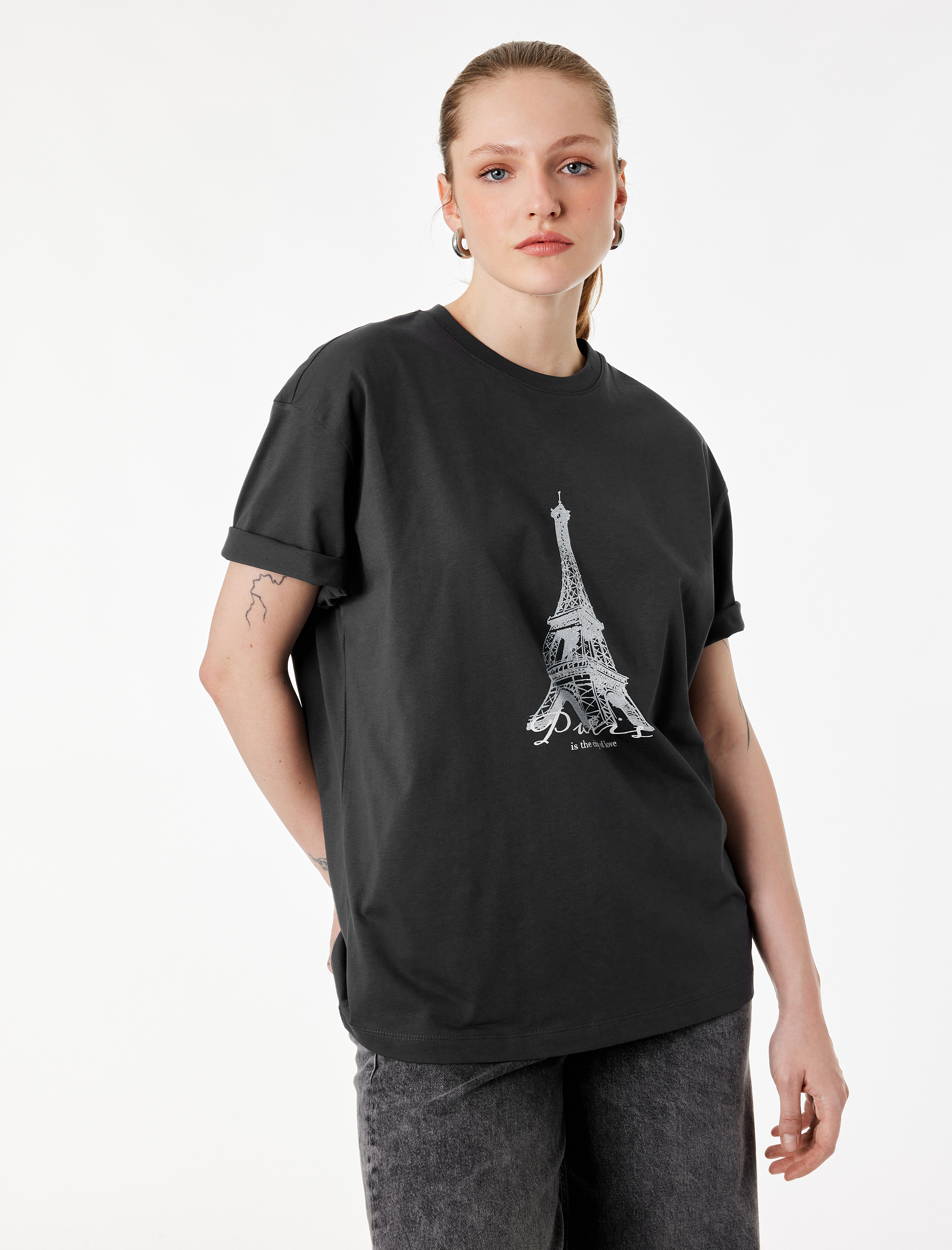   Pamuklu Kısa Kollu Bisiklet Yaka Eyfel Kulesi Baskılı Oversize Tişört