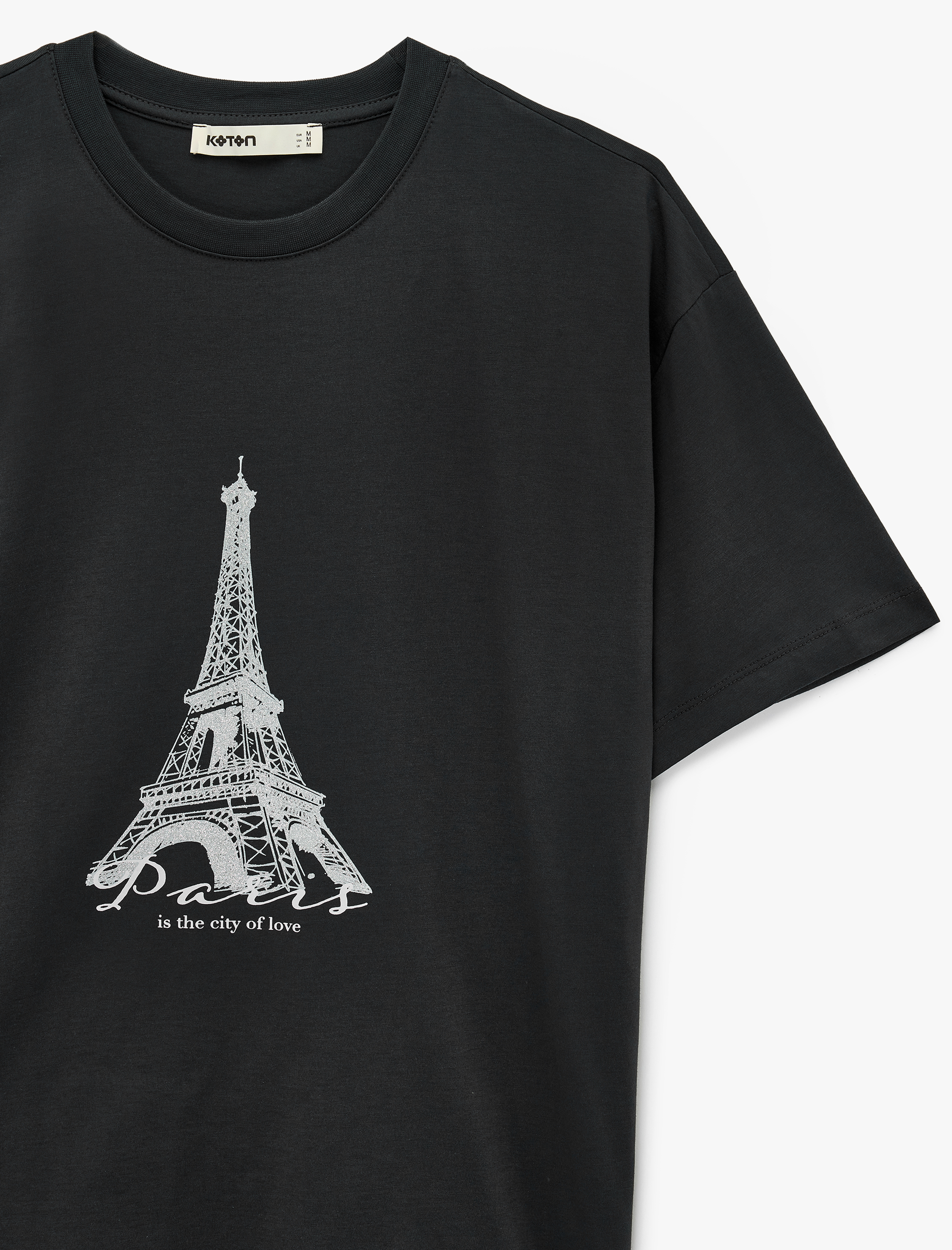   Pamuklu Kısa Kollu Bisiklet Yaka Eyfel Kulesi Baskılı Oversize Tişört