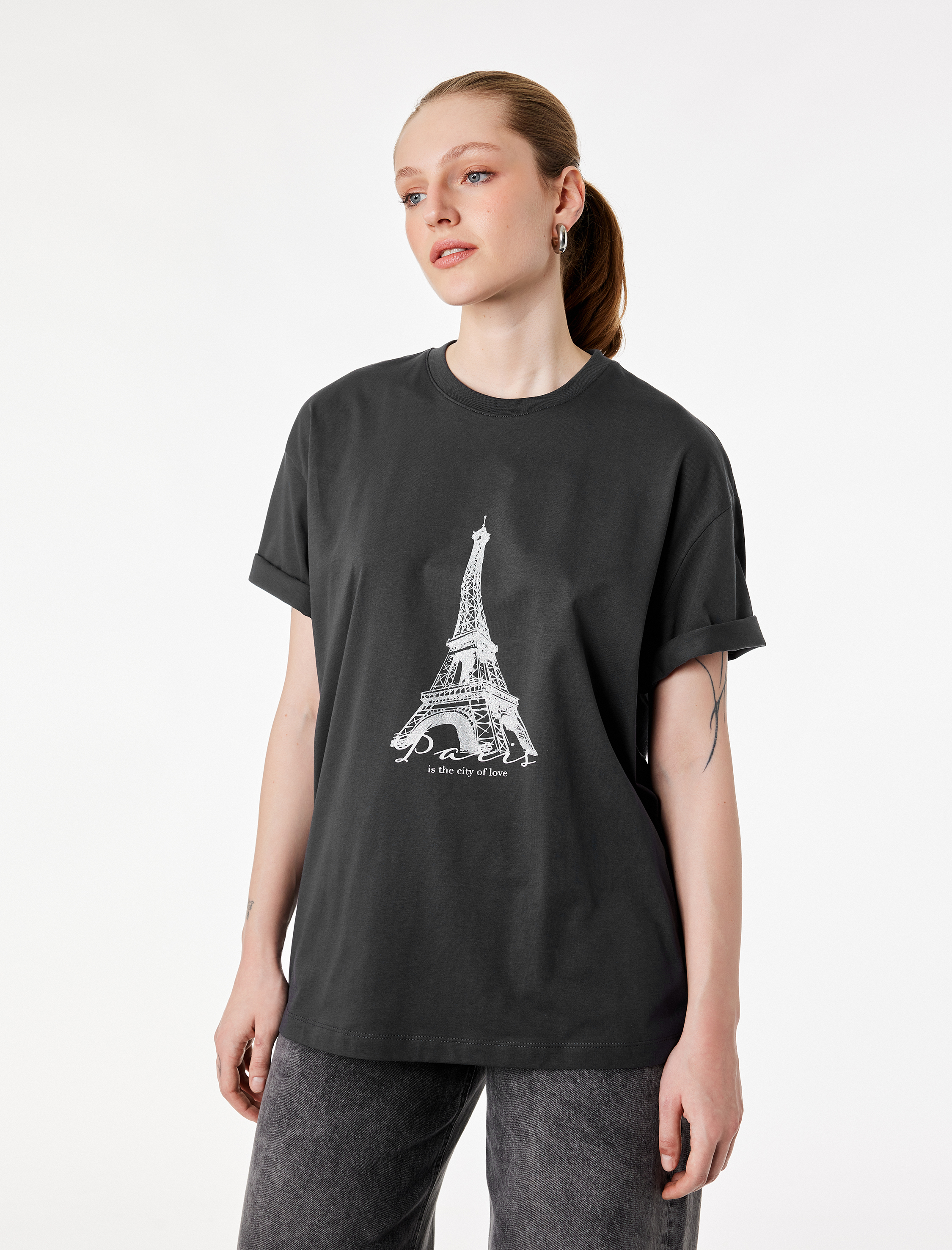   Pamuklu Kısa Kollu Bisiklet Yaka Eyfel Kulesi Baskılı Oversize Tişört