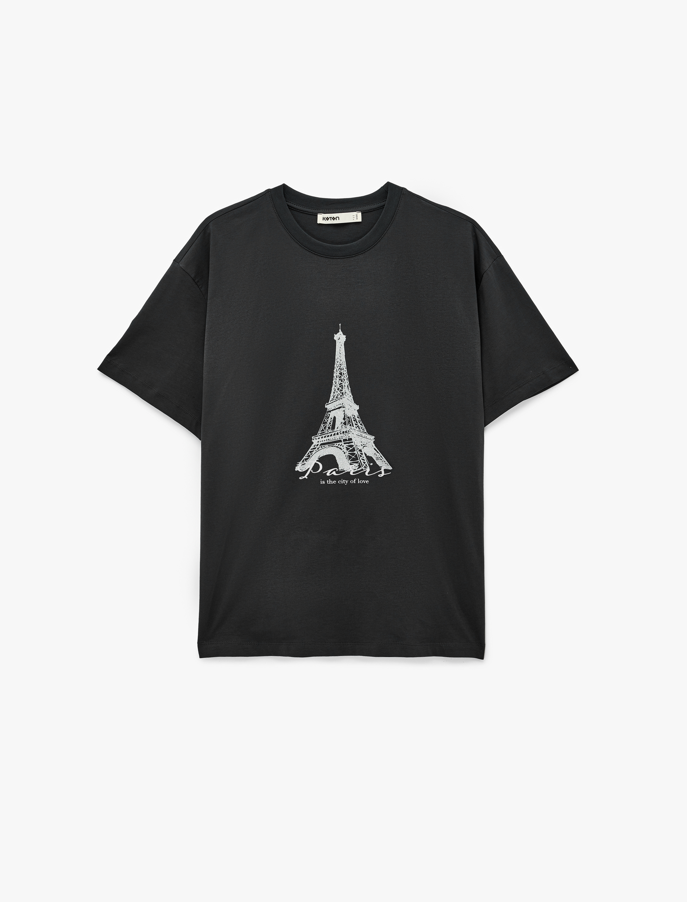   Pamuklu Kısa Kollu Bisiklet Yaka Eyfel Kulesi Baskılı Oversize Tişört
