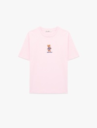 Rahat Kalıp Kısa Kollu Baskılı Pamuklu Bisiklet Yaka Ayıcıklı Tişört