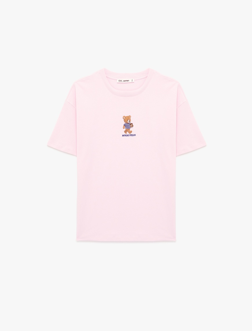 Koton Kadın Rahat Kalıp Kısa Kollu Baskılı Pamuklu Bisiklet Yaka Ayıcıklı T-Shirt
