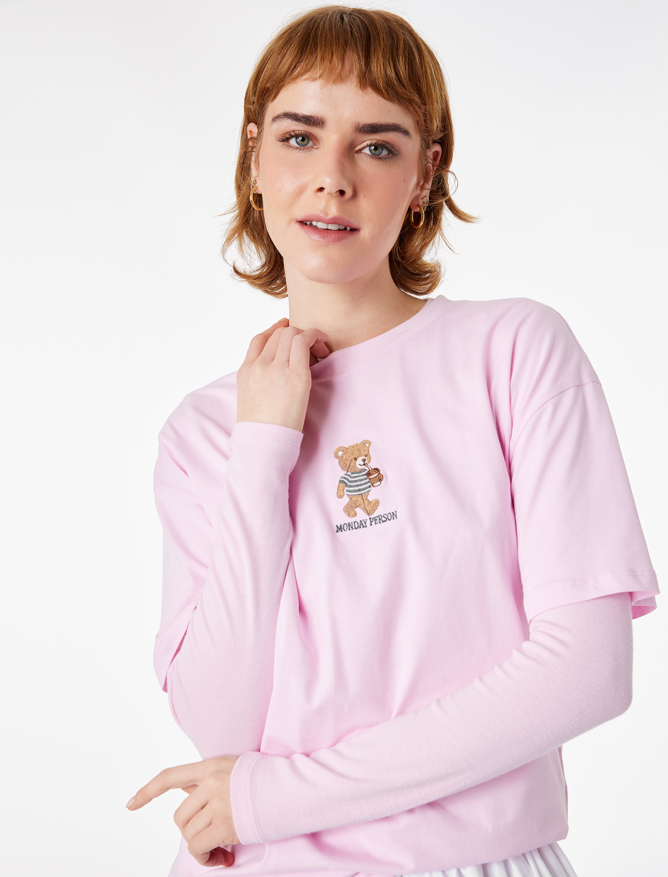   Rahat Kalıp Kısa Kollu Baskılı Pamuklu Bisiklet Yaka Ayıcıklı Tişört