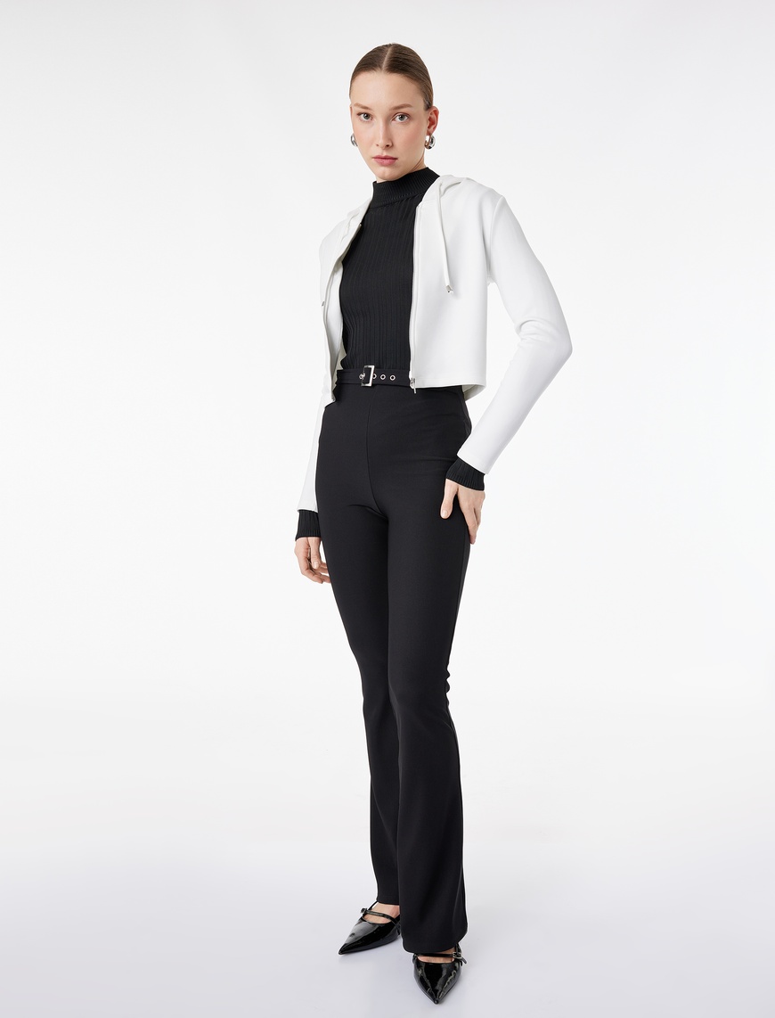 Koton Kadın Slim Fit Kemerli Yüksek Bel İspanyol Paça Fitilli Kumaş Pantolon