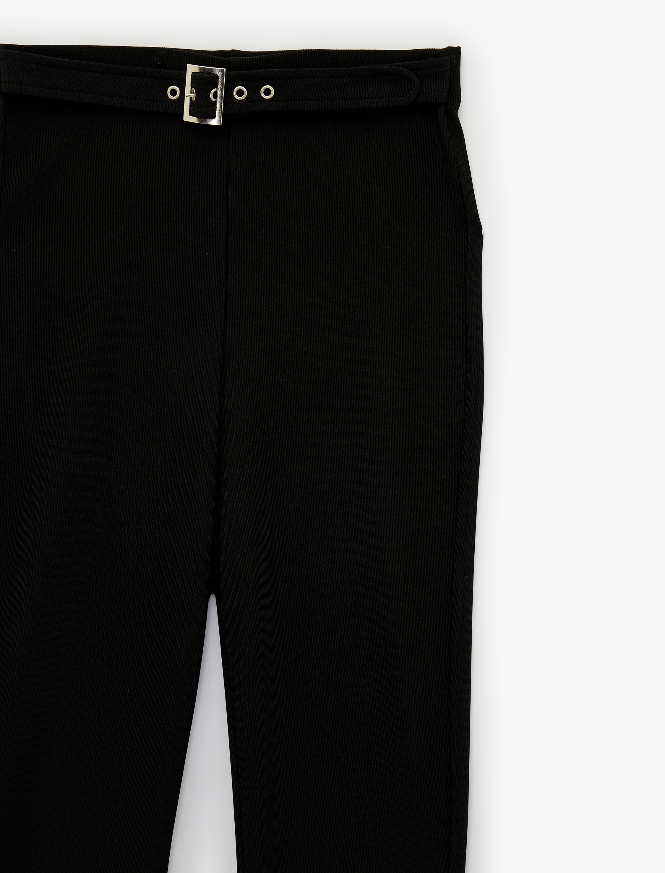   Slim Fit Kemerli Yüksek Bel İspanyol Paça Fitilli Kumaş Pantolon