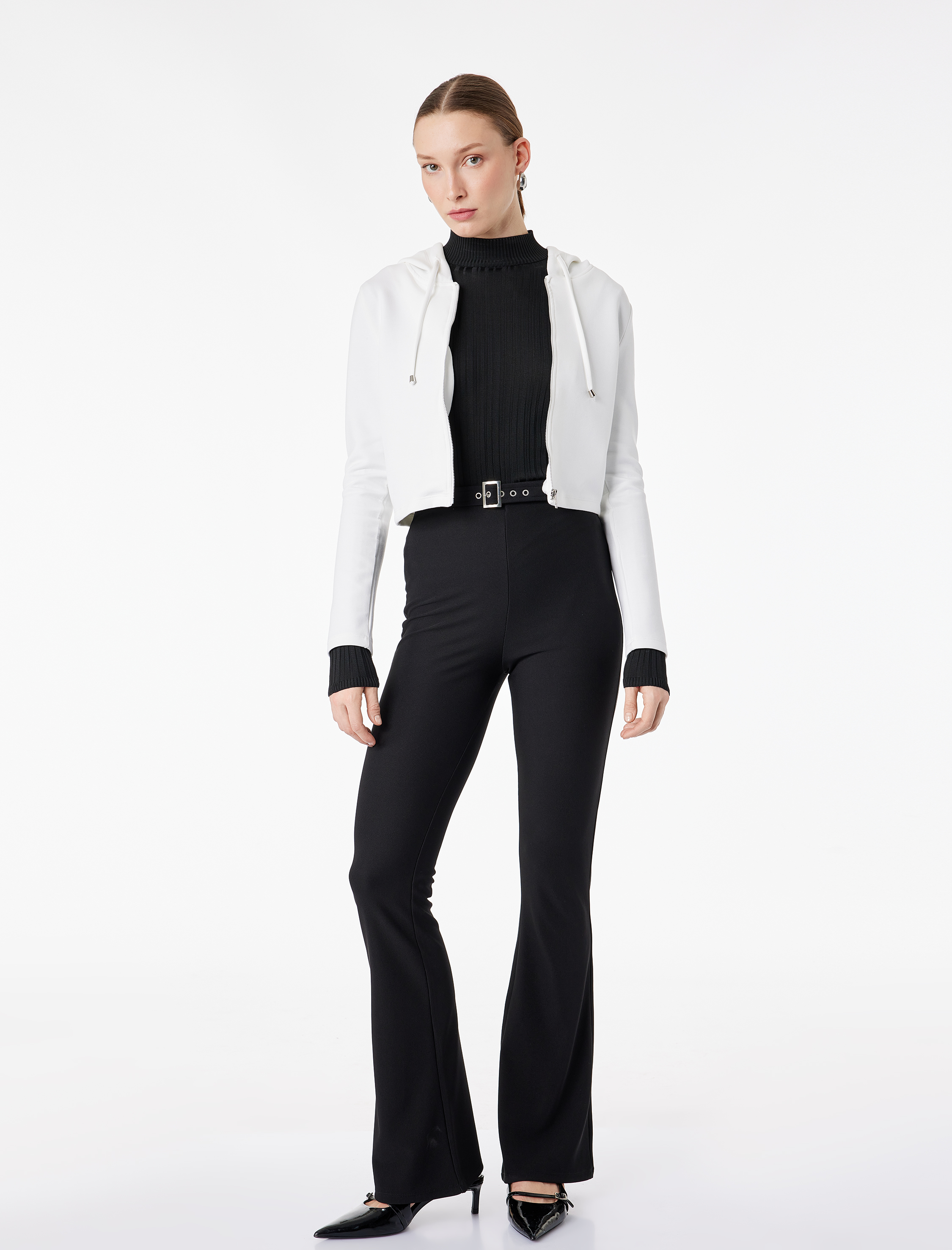   Slim Fit Kemerli Yüksek Bel İspanyol Paça Fitilli Kumaş Pantolon