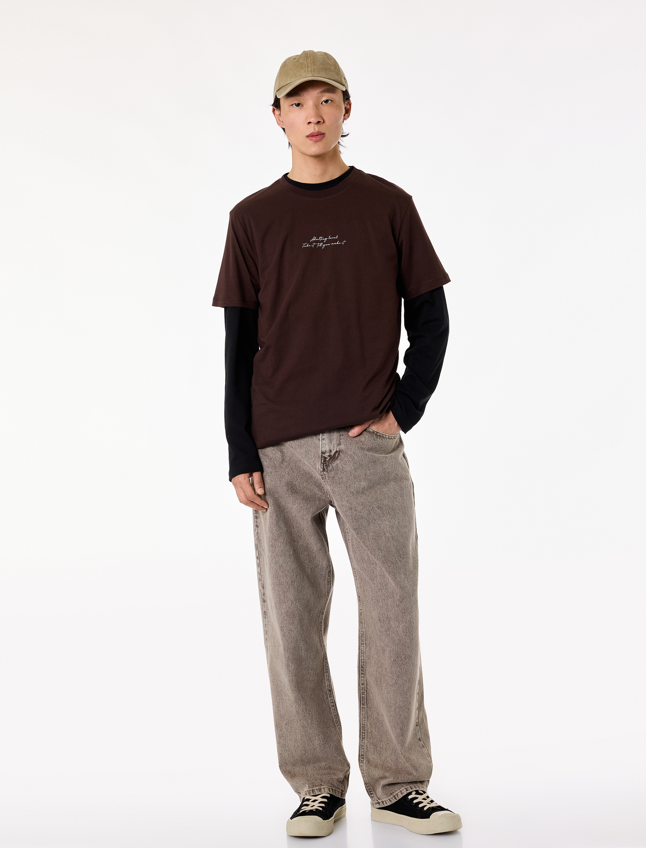   Pamuklu Kısa Kollu Bisiklet Yaka Baskılı Slim Fit Tişört