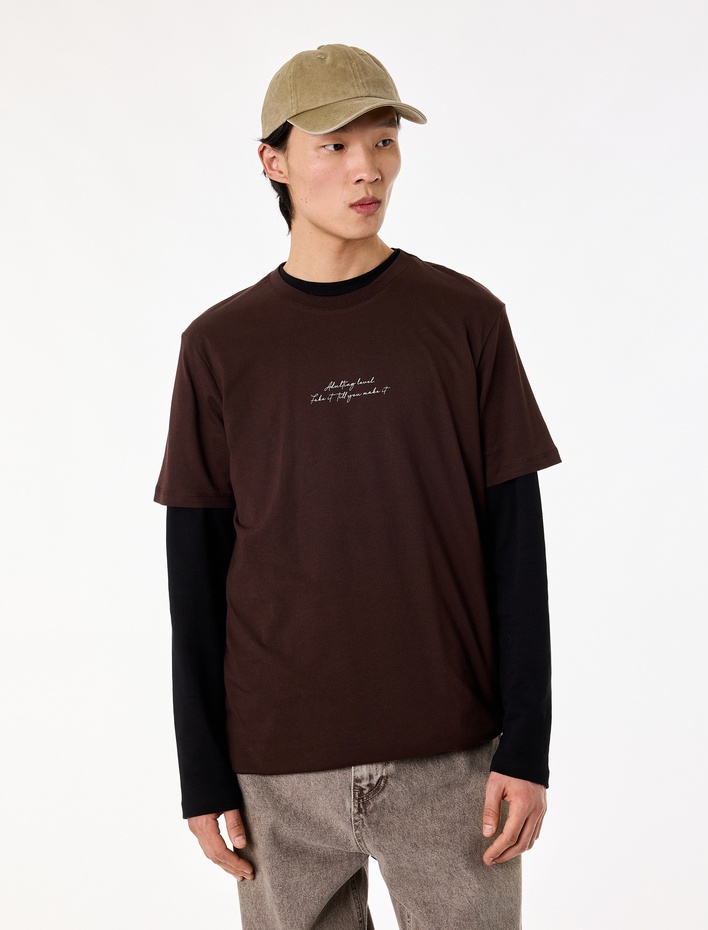  Pamuklu Kısa Kollu Bisiklet Yaka Baskılı Slim Fit Tişört