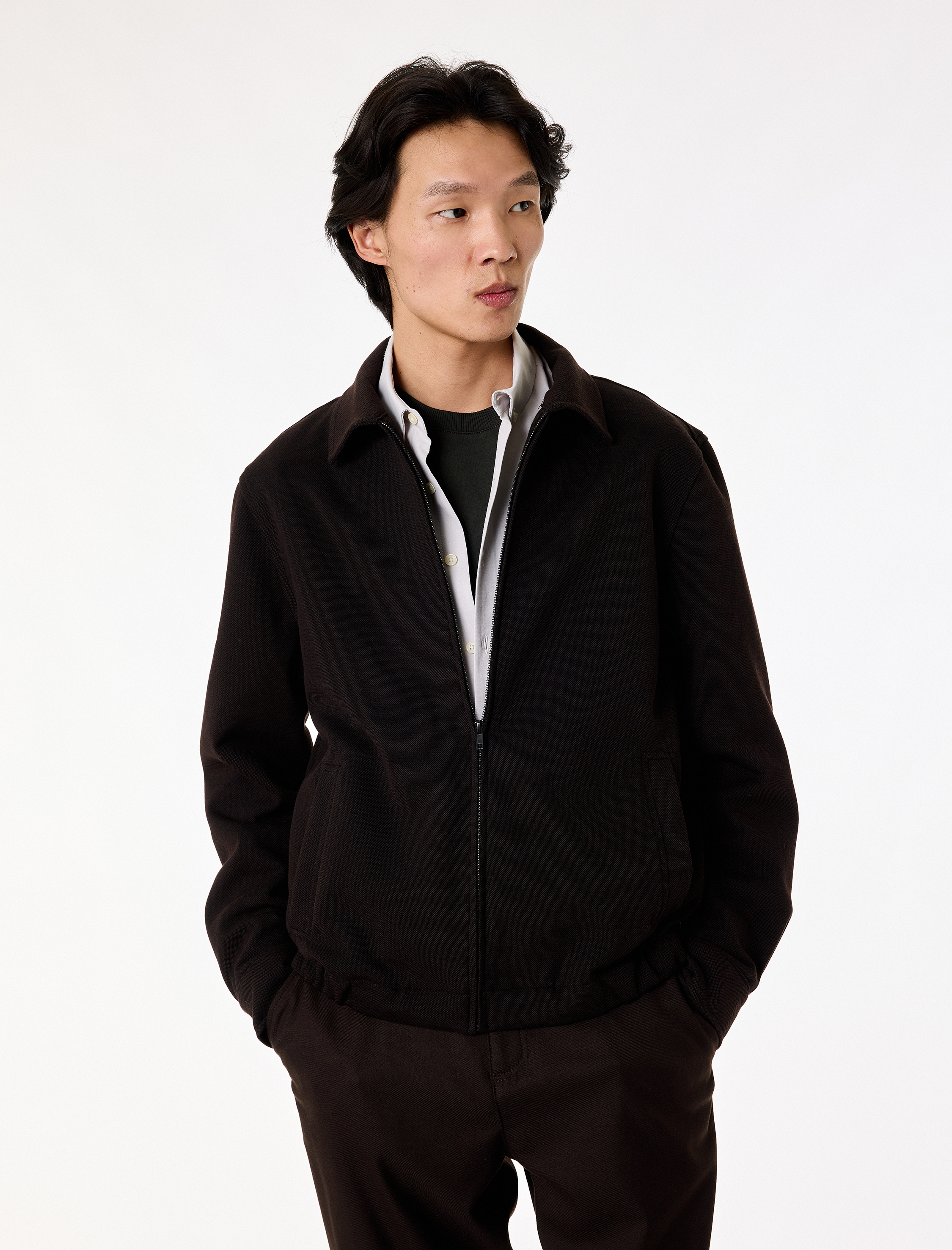   Uzun Kollu Viskon Karışımlı Cepli Gömlek Yaka Fermuarlı Ceket