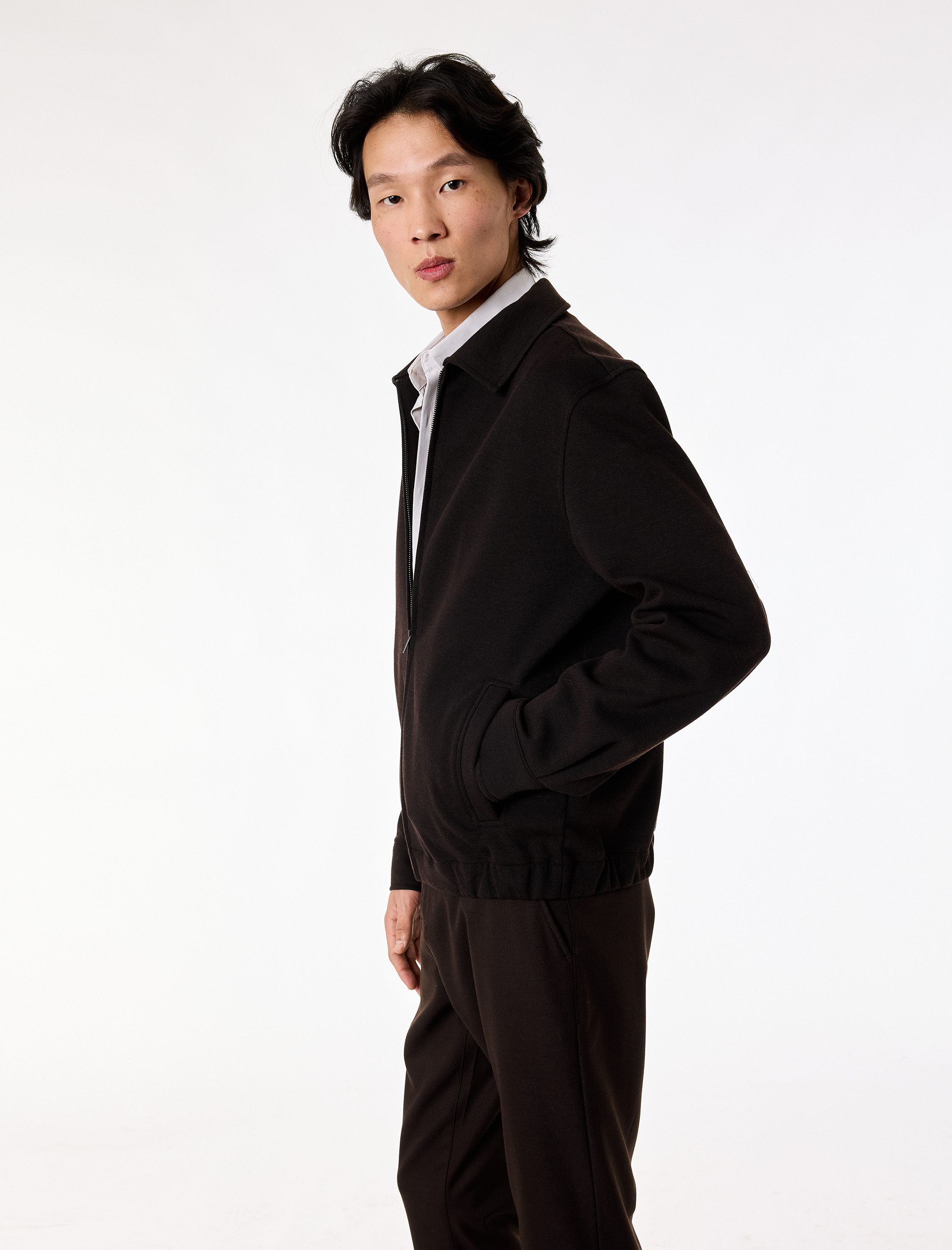   Uzun Kollu Viskon Karışımlı Cepli Gömlek Yaka Fermuarlı Ceket