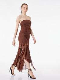 Straplez Yaka Taşlı Asimetrik Kolsuz Drapeli Volanlı Midi Tül Abiye Elbise