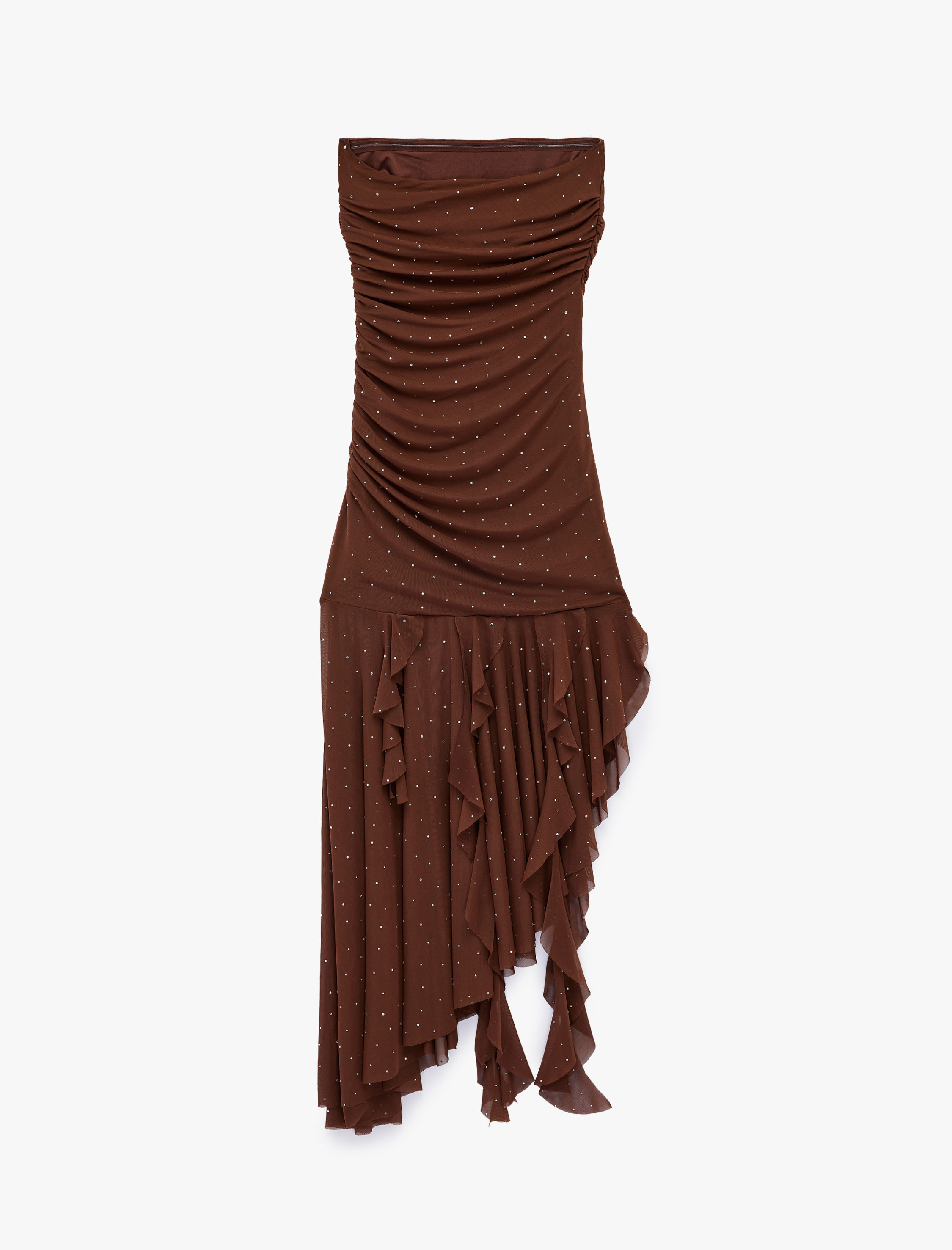   Straplez Yaka Taşlı Asimetrik Kolsuz Drapeli Volanlı Midi Tül Abiye Elbise