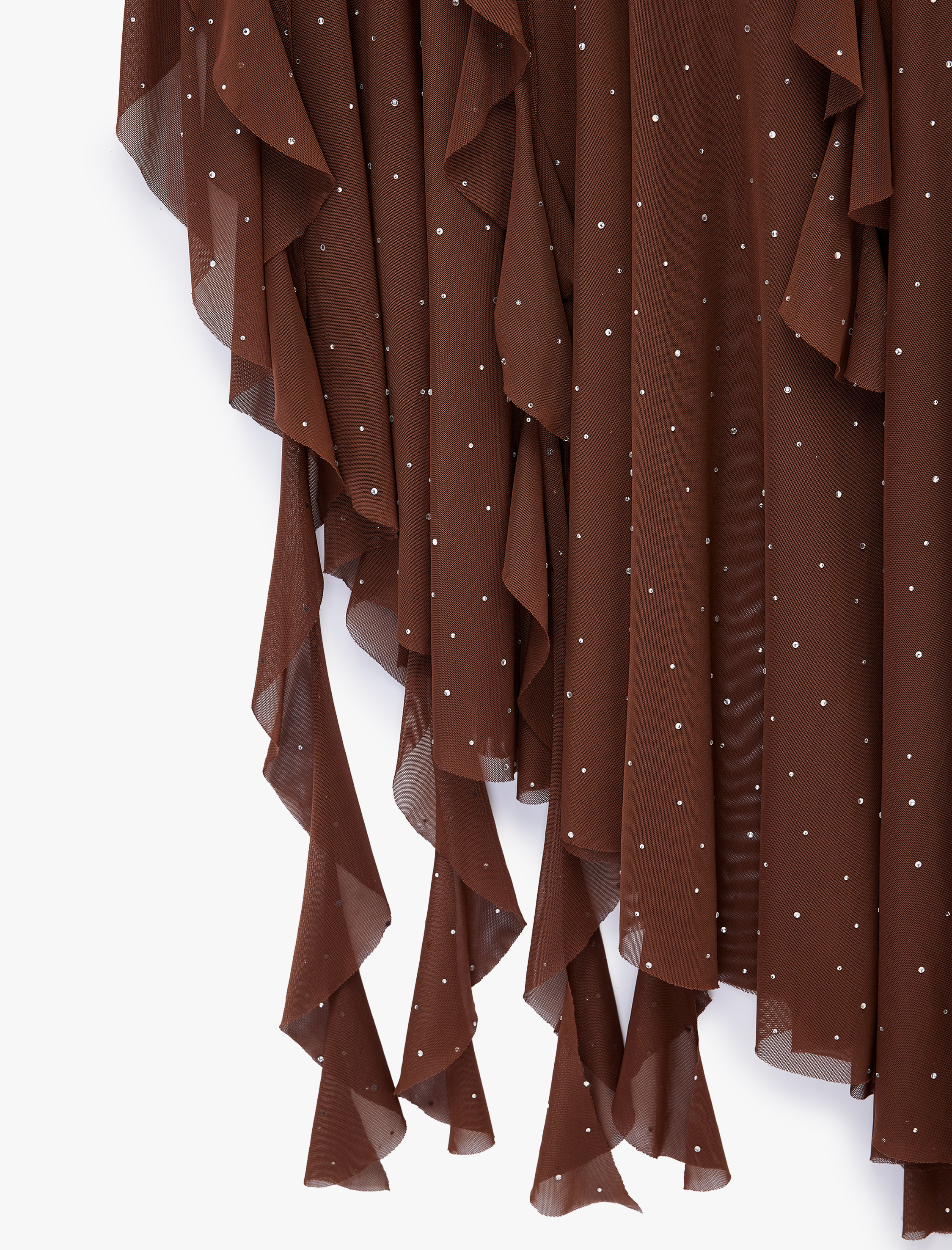   Straplez Yaka Taşlı Asimetrik Kolsuz Drapeli Volanlı Midi Tül Abiye Elbise