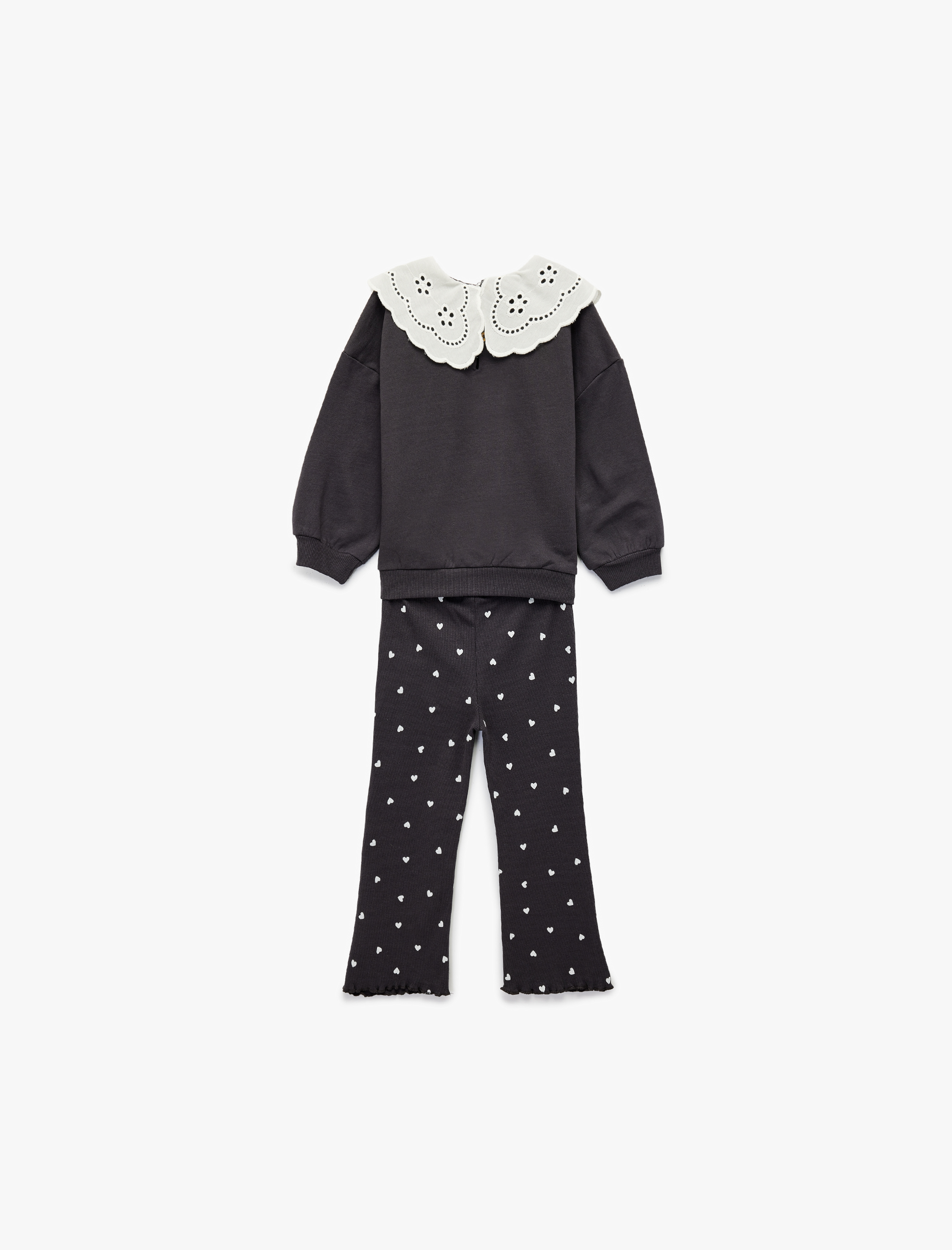  Kız Bebek Brodeli Bebe Yaka Uzun Kollu Pamuklu 2'li Sweatshirt Pantolon Takım