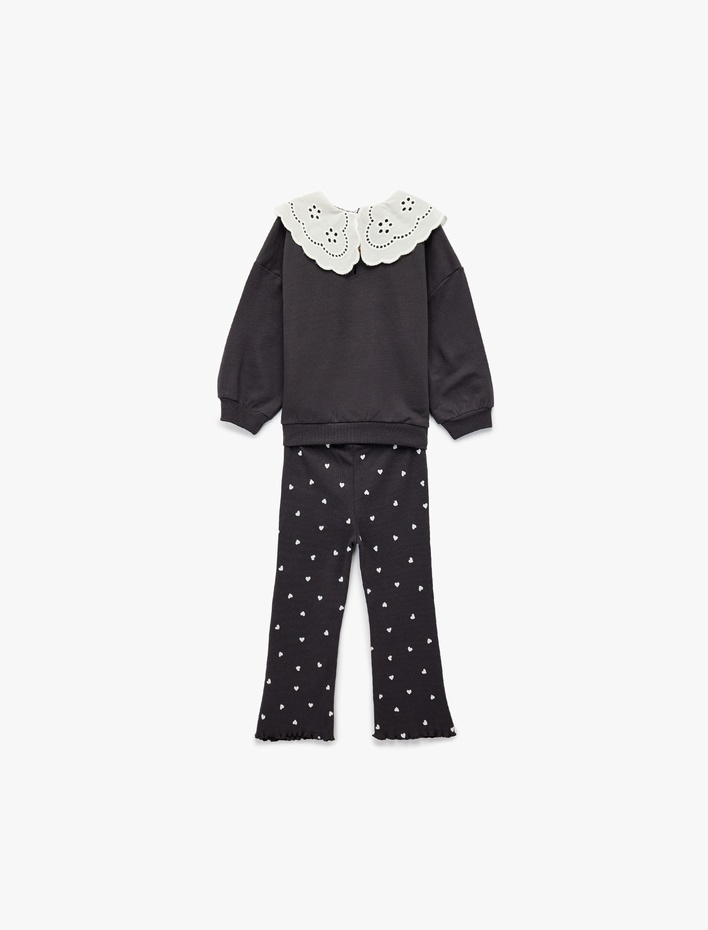 Kız Bebek Brodeli Bebe Yaka Uzun Kollu Pamuklu 2'li Sweatshirt Pantolon Takım