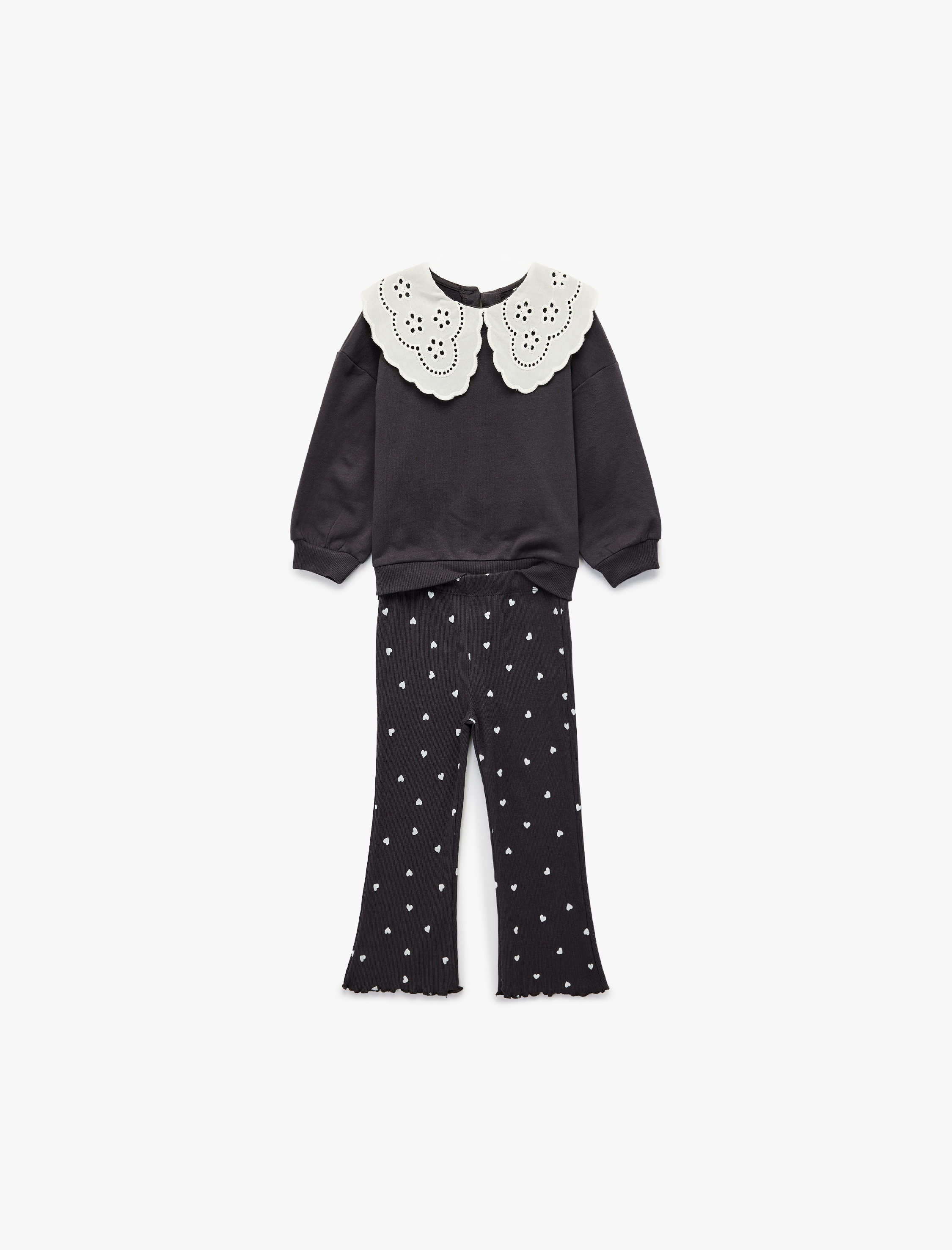  Kız Bebek Brodeli Bebe Yaka Uzun Kollu Pamuklu 2'li Sweatshirt Pantolon Takım