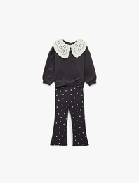 Brodeli Bebe Yaka Uzun Kollu Pamuklu 2'li Sweatshirt Pantolon Takım