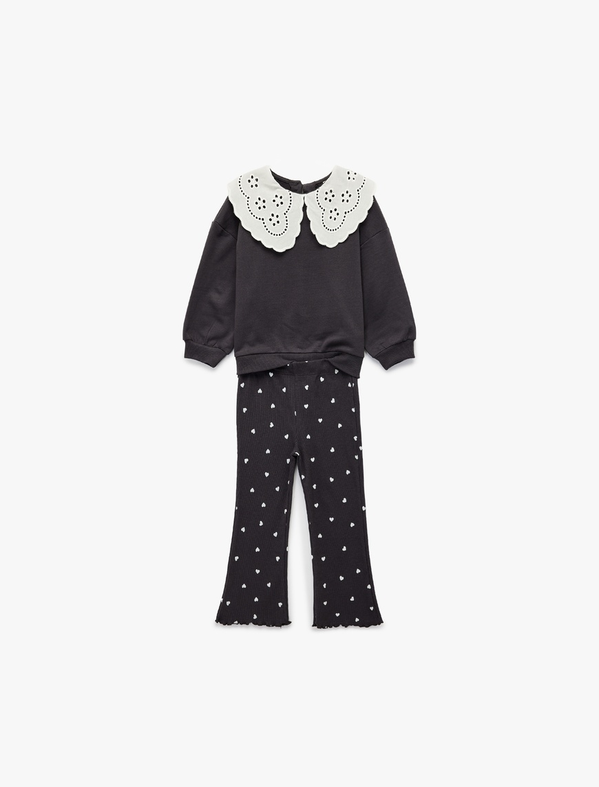 Koton Kız Bebek Brodeli Bebe Yaka Uzun Kollu Pamuklu 2'li Sweatshirt Pantolon Takım