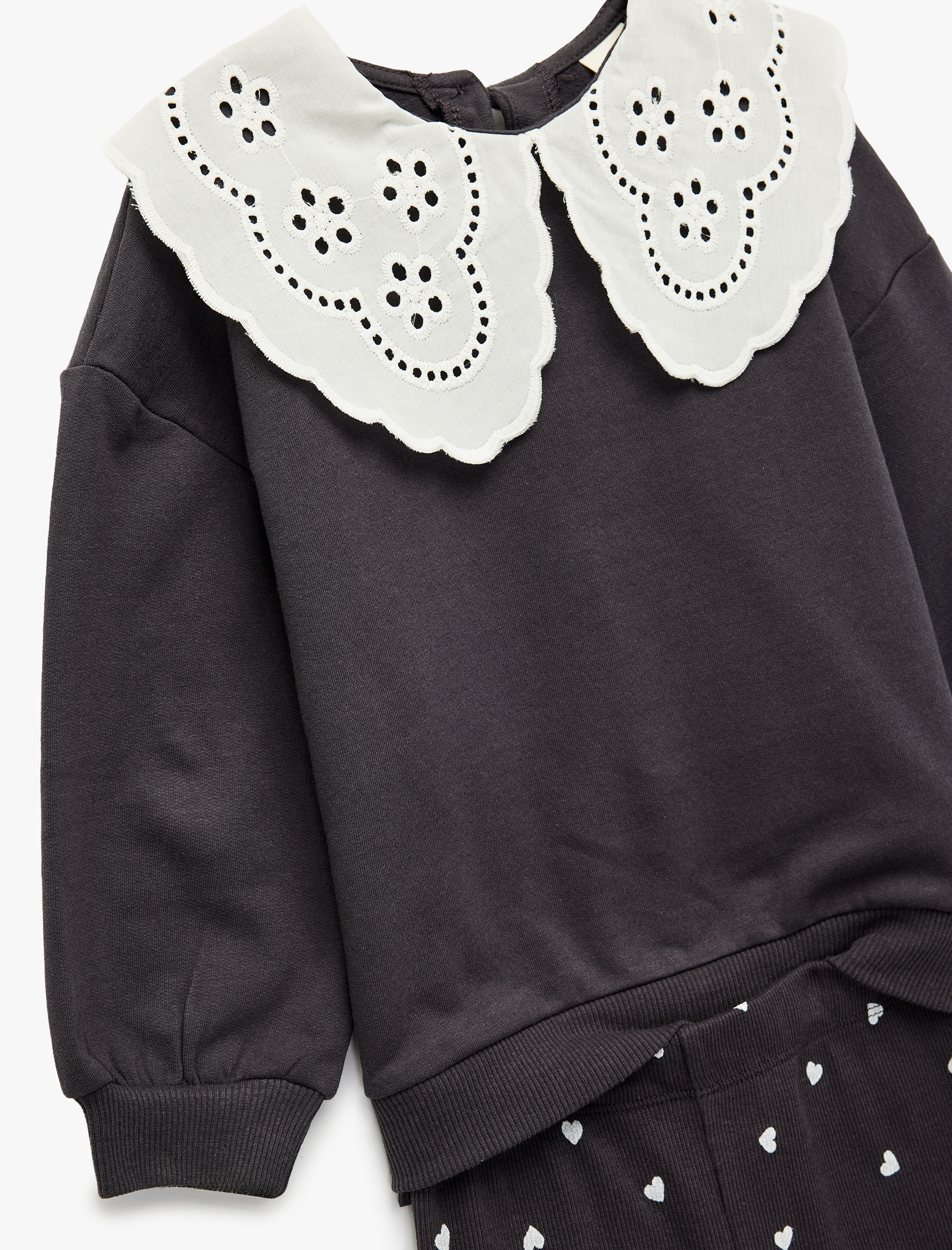  Kız Bebek Brodeli Bebe Yaka Uzun Kollu Pamuklu 2'li Sweatshirt Pantolon Takım