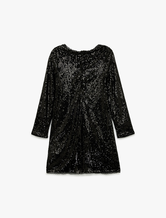 Kız Çocuk Pullu Payetli Uzun Kollu Bisiklet Yaka Mini Elbise